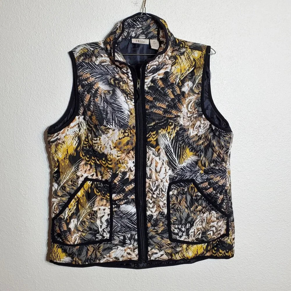 Fresh Puffer Vest XL Multicolor Abstract Feather Print Sleeveless Zip-Up